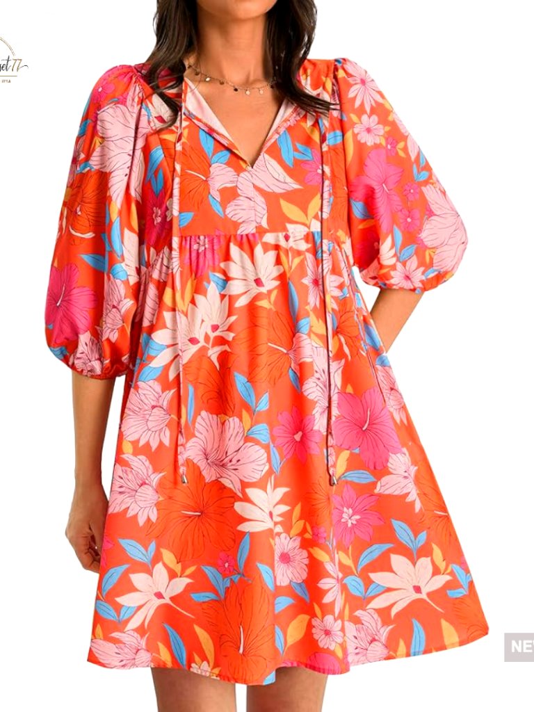 Floral Mini Babydoll Dress With Puff Sleeves And Pockets, Loose Fit Summer